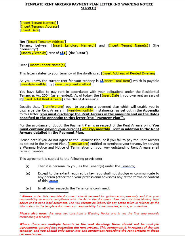 Template Rent Arrears Payment Plan letter (Warning Notice Served/ Intended to be served)