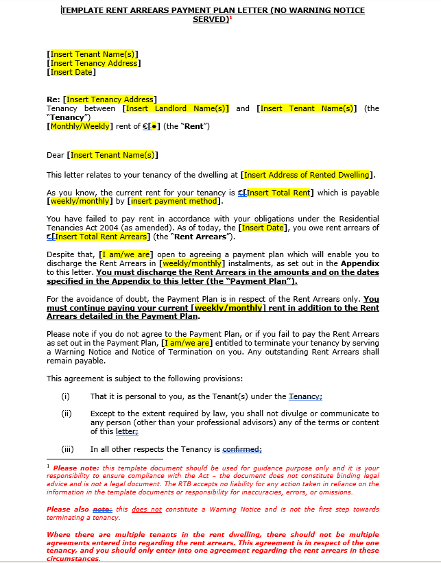 Template Rent Arrears Payment Plan letter (No Warning Notice Served)