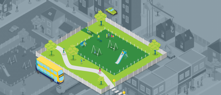 Visual of a playground in a neighborhood